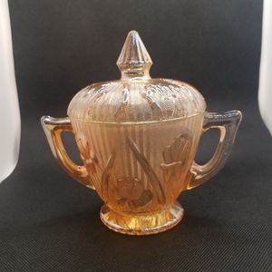 Jeannette Iris and Herringbone Vintage Iridescent Sugar bowl with lid